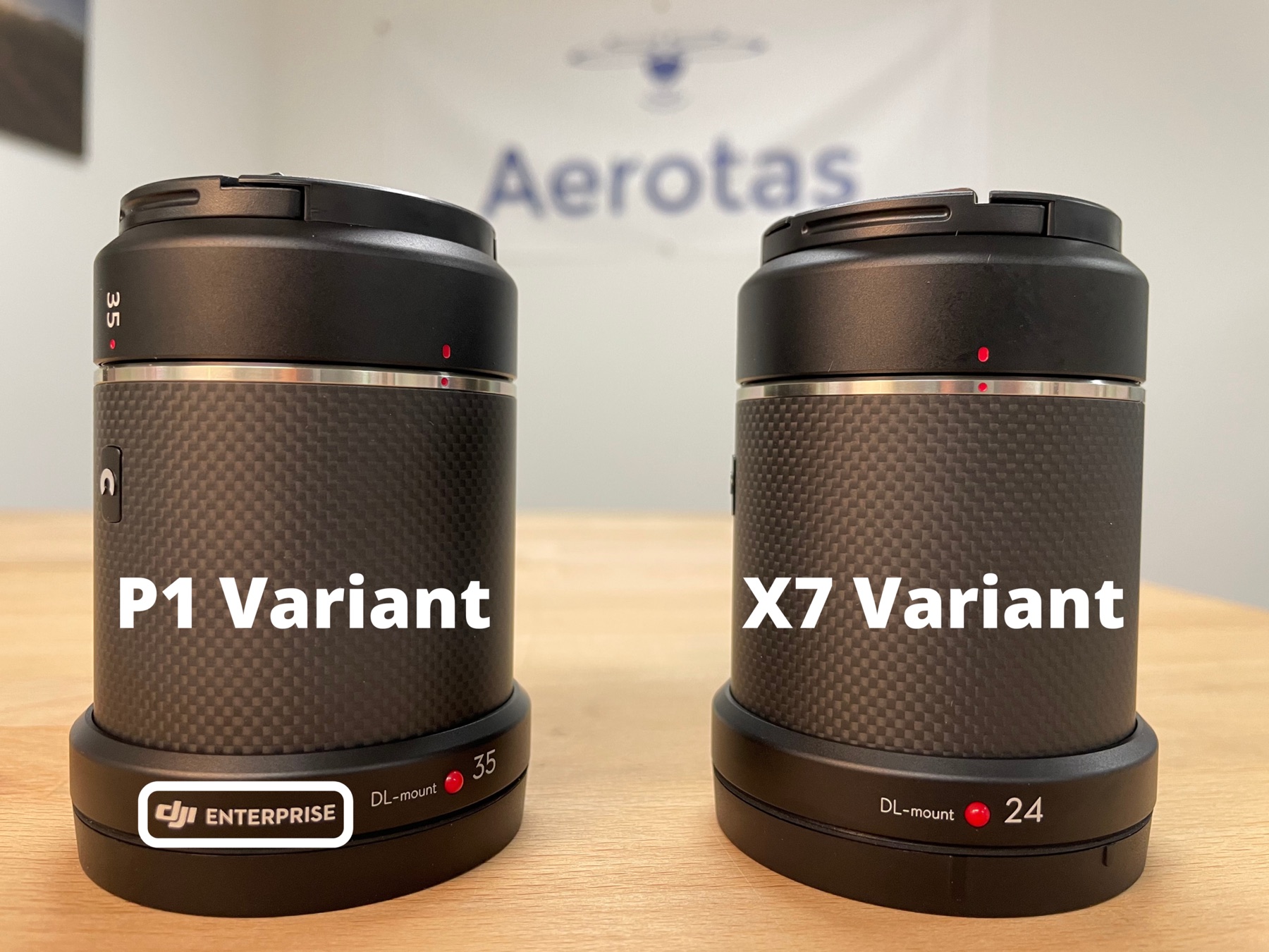  The lens on the left is a P1 variant of the 35mm lens. The only distinguishing factor is the  “DJI Enterprise”  logo. The lens on the right is an X7 variant and will not produce survey-grade accuracy. 