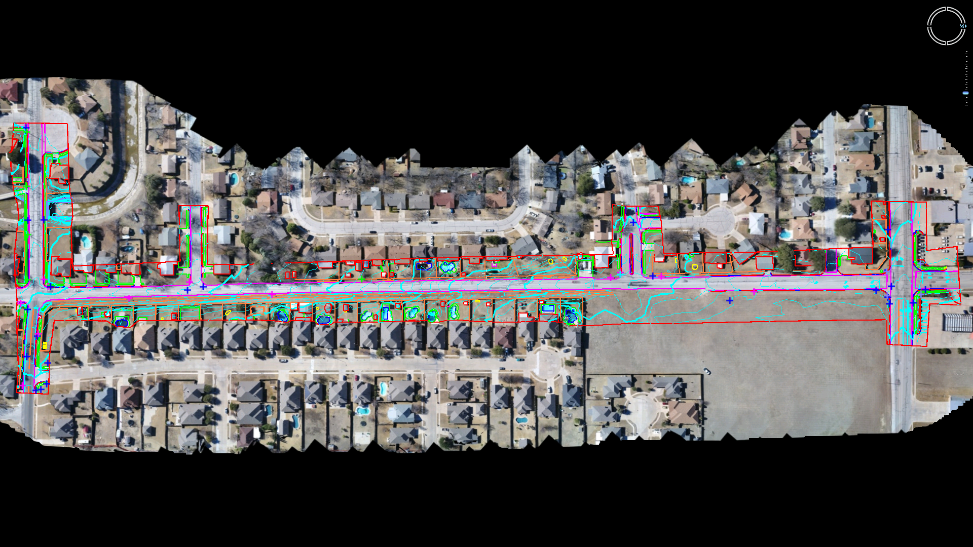 Suburban right-of-way example showing a deliverable-ready base map with linework and topographic drafting.