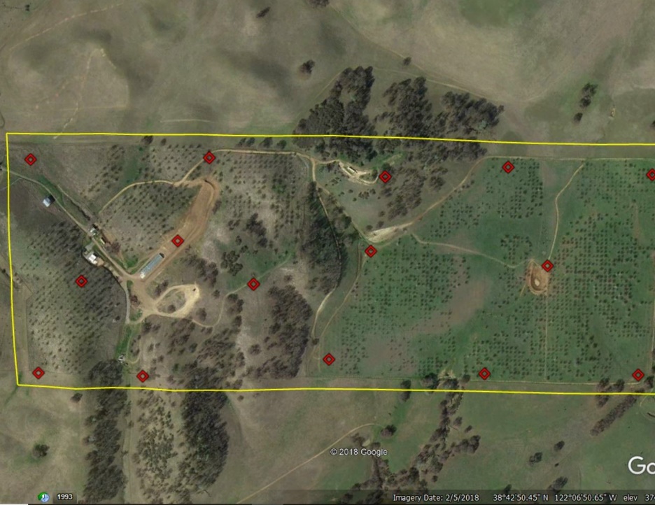 Aerial project area with mapped boundary and reference points.