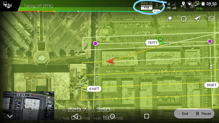 Mission-planning screen showing an aerial site and proposed flight path.