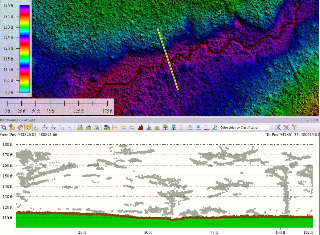 Lidar processing view showing classified terrain and elevation analysis.