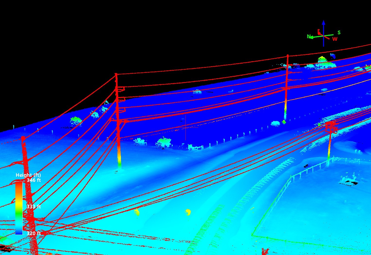 Utility corridor point cloud showing power structures and overhead lines.