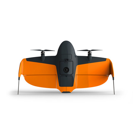 Wingtra fixed-wing mapping drone viewed from the front.