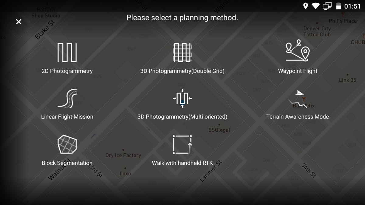 DJI GS RTK interface with Linear Flight Mission selected.