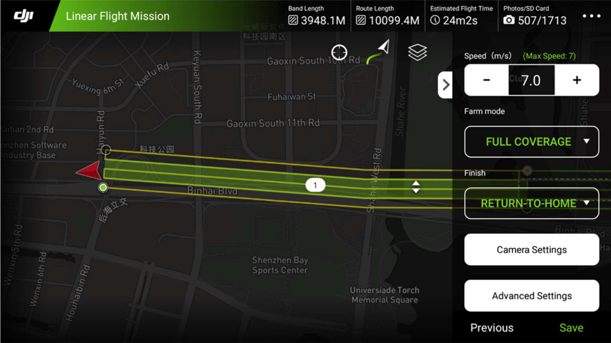 DJI GS RTK interface showing Full Coverage flight mode selected instead of Efficiency.