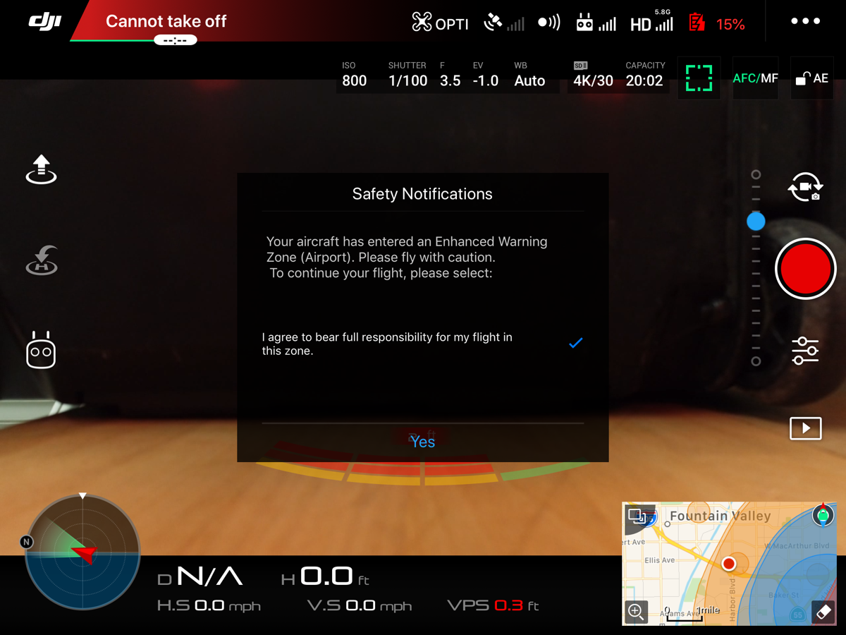 Enhanced warning zone prompt shown inside a DJI flight app.