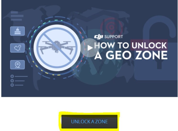DJI FlySafe page with the unlock a zone button highlighted.
