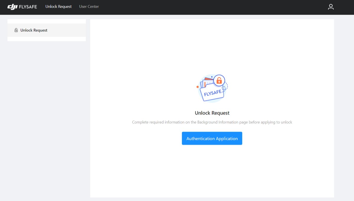 Authentication application screen inside the DJI unlocking dashboard.