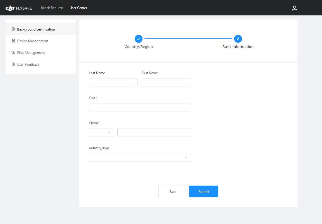 Personal account setup form in DJI's geozone unlocking system.