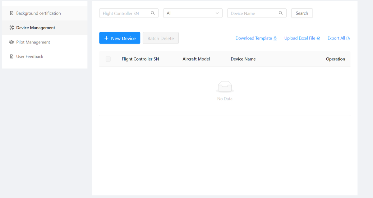 Device management area used to add a new aircraft to the DJI account.