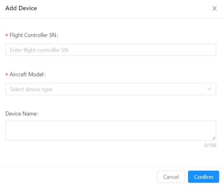 New device form used to register an aircraft inside the DJI dashboard.