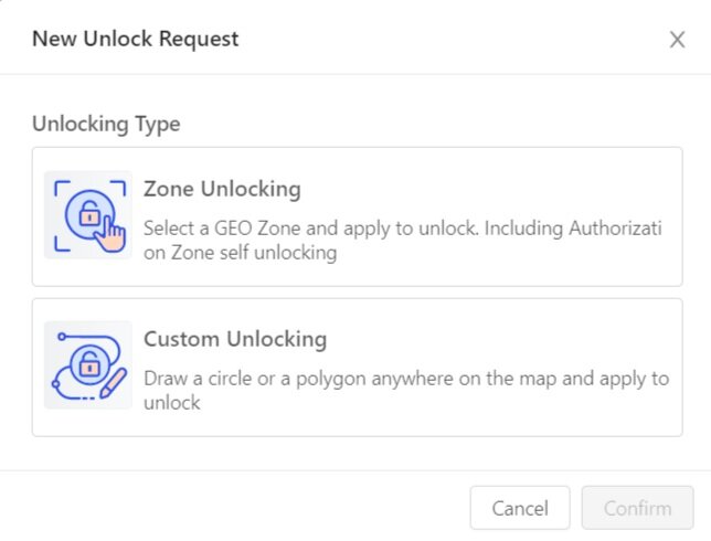 New unlock request options showing zone unlocking and custom unlocking.