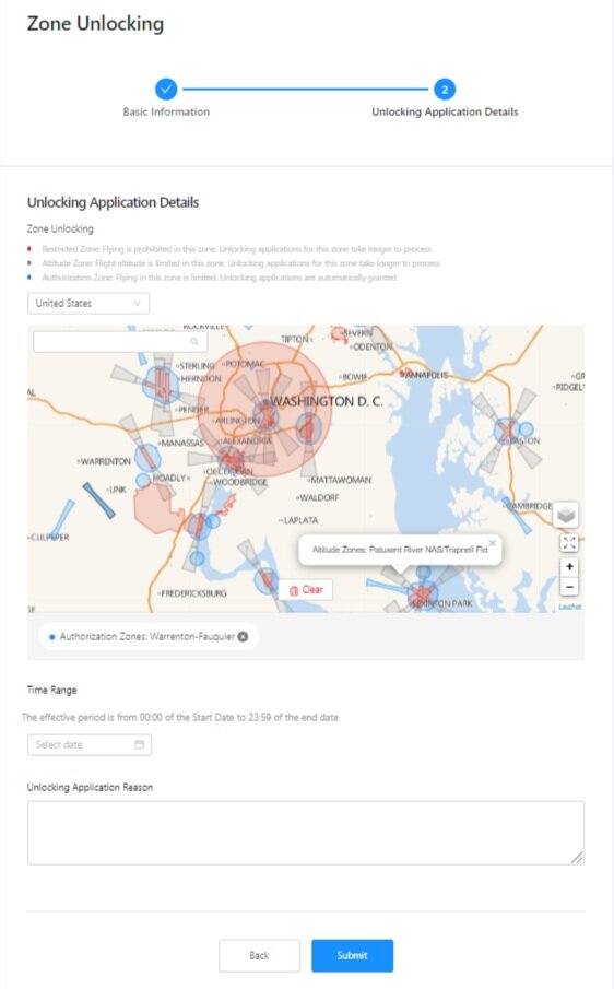 Zone unlocking request form in DJI's dashboard.