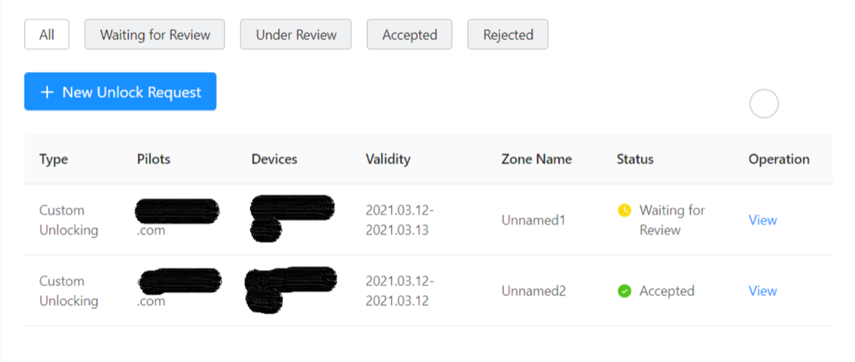 Unlock request dashboard showing pending and approved DJI unlock statuses.