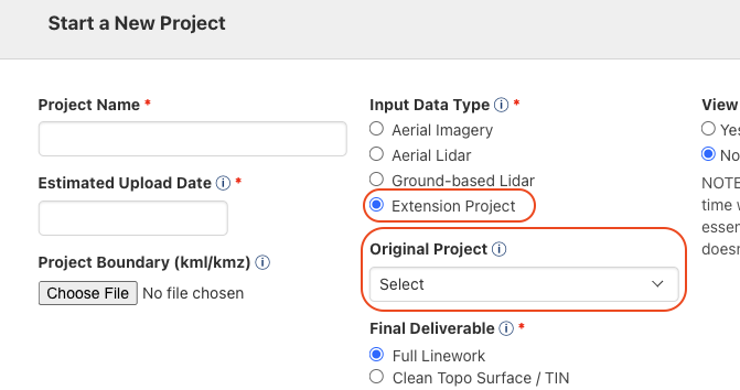 Aerotas web app flow for requesting an extension project on previously processed data.