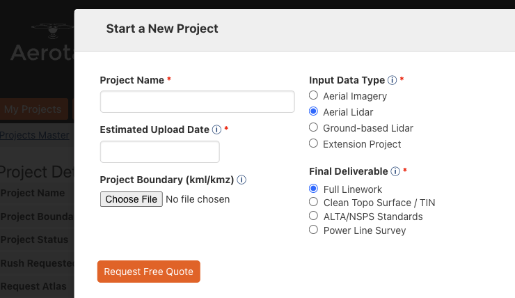 Aerotas web app screen for creating an account and managing projects.